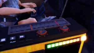 Screenshot from Road 96 showing a character using a laptop beside a radio with tuning dials and lights.