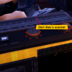 Screenshot of a device interface in Road 96 with a prompt to "Start Alex's scanner."