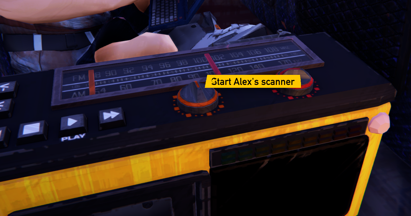 Screenshot of a device interface in Road 96 with a prompt to "Start Alex's scanner."