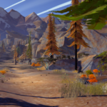 A serene landscape featuring mountains, tall trees, and orange foliage in a video game setting.