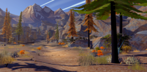 A serene landscape featuring mountains, tall trees, and orange foliage in a video game setting.