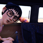A character with glasses looks surprised while sitting in a vehicle, with a desert landscape visible outside.