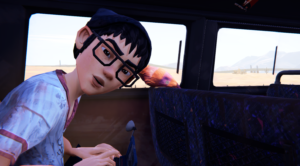 A character with glasses looks surprised while sitting in a vehicle, with a desert landscape visible outside.