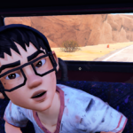 A character with glasses looking surprised inside a vehicle, with a desert landscape visible through the window.
