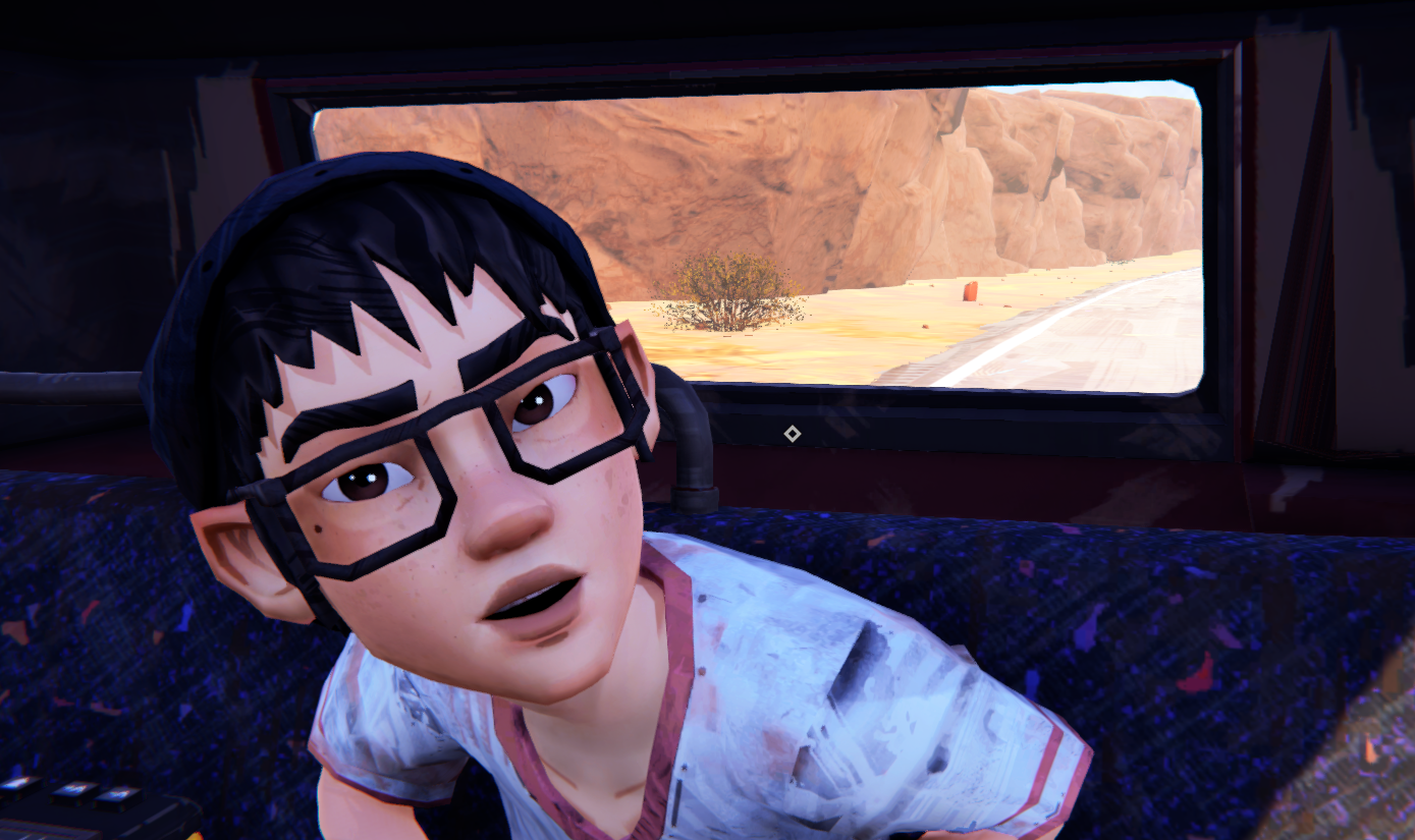 A character with glasses looking surprised inside a vehicle, with a desert landscape visible through the window.