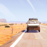 A van driving on a deserted road in a desert landscape.