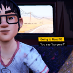 Screenshot from the video game Road 96 featuring a character with glasses saying, "You say 'burgers?'" while sitting in a vehicle.