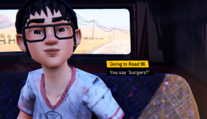 Screenshot from the video game Road 96 featuring a character with glasses saying, "You say 'burgers?'" while sitting in a vehicle.