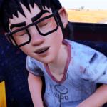 A character with glasses sitting in a vehicle, appearing relaxed with a slight smile.