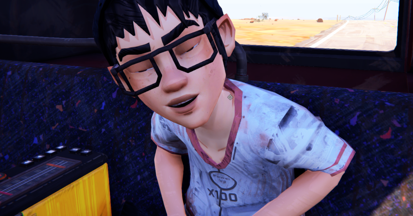 A character with glasses sitting in a vehicle, appearing relaxed with a slight smile.