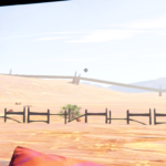 A desert landscape viewed through a window, featuring rolling hills and a wooden fence.
