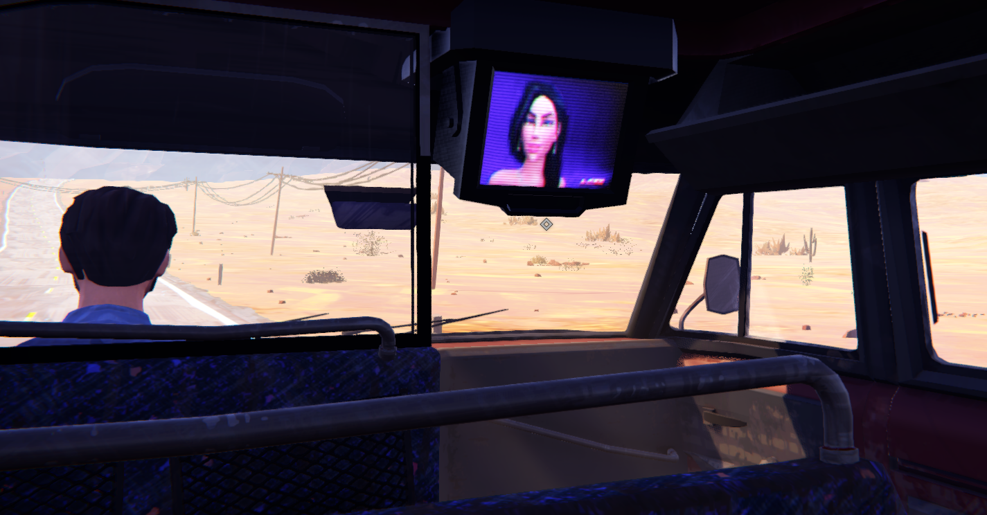 A player character sits in a vehicle, view of a desert road ahead and a TV screen showing a woman.