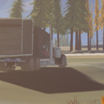 A truck driving through a scenic landscape with trees and a body of water in the background.