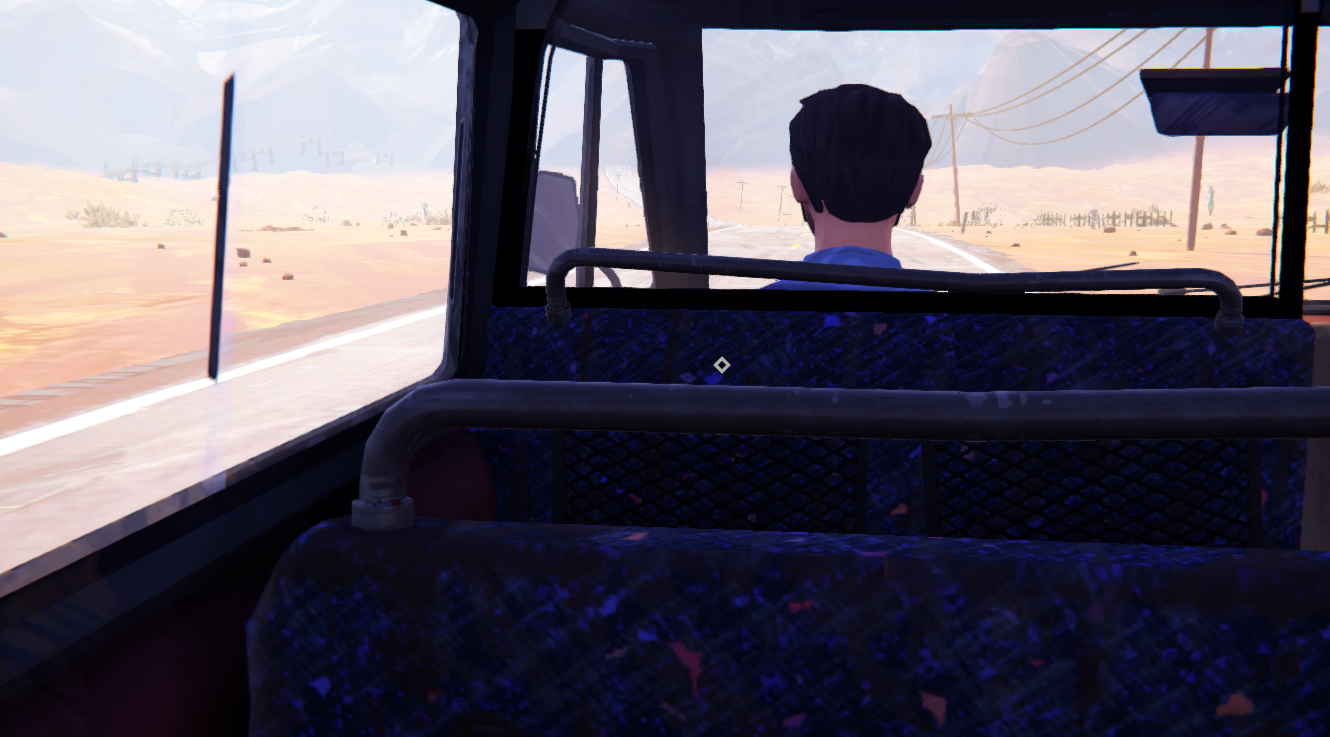 A view from inside a bus, showing the back of a character's head as they look out at a desert landscape.