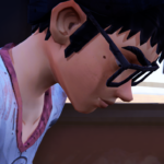 A close-up of a character from Road 96, shown in profile, wearing glasses and looking down.