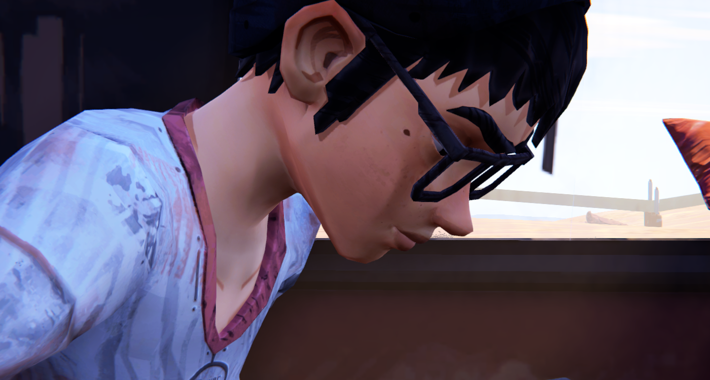 A close-up of a character from Road 96, shown in profile, wearing glasses and looking down.