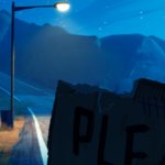 A dimly lit road at night with a "PLEASE" sign in the foreground and mountains in the background.