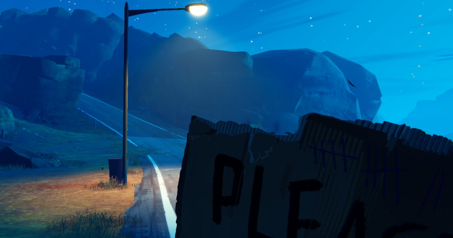 A dimly lit road at night with a "PLEASE" sign in the foreground and mountains in the background.