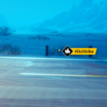 Screenshot of Road 96 showing a "Hitchhike" option along a snowy road with sparse vegetation and hills in the background.