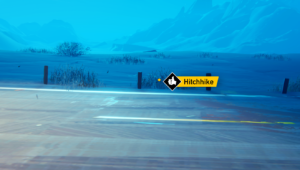 Screenshot of Road 96 showing a "Hitchhike" option along a snowy road with sparse vegetation and hills in the background.