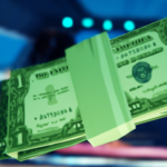 A bundle of stylized green bills floating in a game environment.