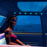 A character sitting inside a vehicle, looking serious, with a blue landscape visible through the window.