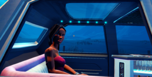 A character sitting inside a vehicle, looking serious, with a blue landscape visible through the window.