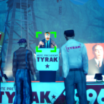 A political rally scene with a speaker at a podium promoting "Vote President Tyrak," surrounded by supporters.