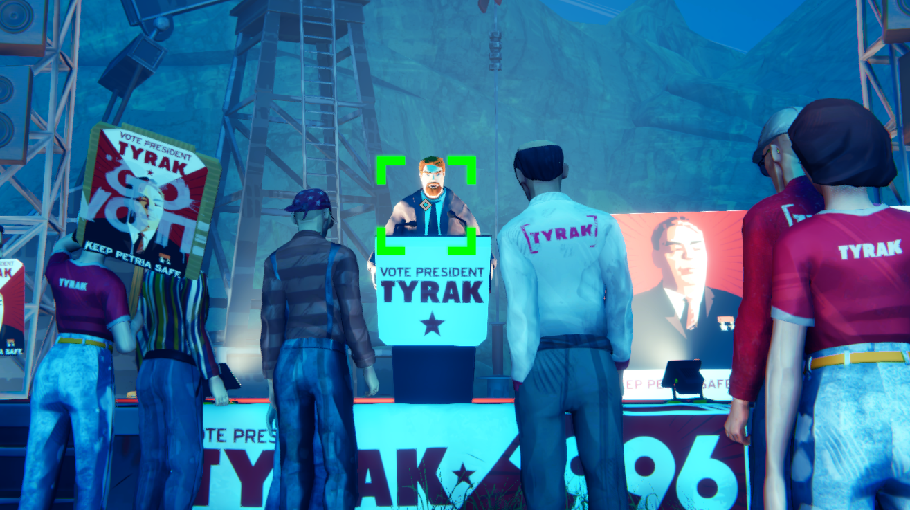 A political rally scene with a speaker at a podium promoting "Vote President Tyrak," surrounded by supporters.