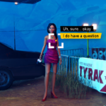 A character in a pink dress stands beside a car, expressing that they have a question in a video game scene.