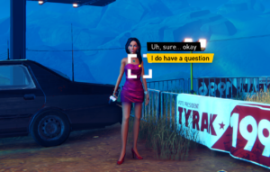 A character in a pink dress stands beside a car, expressing that they have a question in a video game scene.