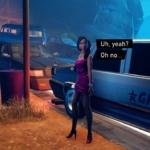 Character in a pink dress stands beside parked cars, expressing concern with dialogue bubbles.