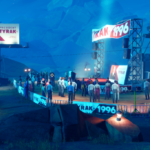 A crowd gathers at a political rally in a stylized outdoor setting, with banners and a large sign featuring "President Tyrak" from the game Road 96.
