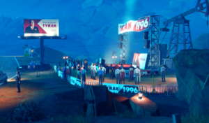 A crowd gathers at a political rally in a stylized outdoor setting, with banners and a large sign featuring "President Tyrak" from the game Road 96.