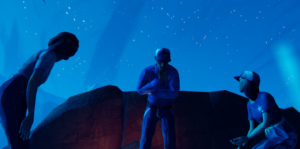 Three characters in stylized clothing are gathered around a rocky area under a starry night sky in the game Road 96.