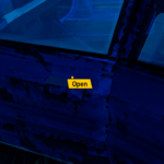 Close-up of a car door with an "Open" interaction prompt in a dimly lit setting.