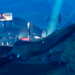 A nighttime scene from the game Road 96, featuring a crowd gathered near a billboard and stage in a mountainous area.