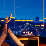 A character with orange hair sits casually, talking in front of a nighttime landscape filled with lights and trees, with musical elements in the foreground.
