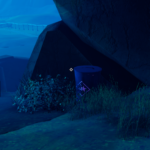 A blue-toned scene from the game Road 96, featuring a barrel near a rock and some grass.