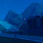 A winding road through rocky terrain under a starry blue night sky.