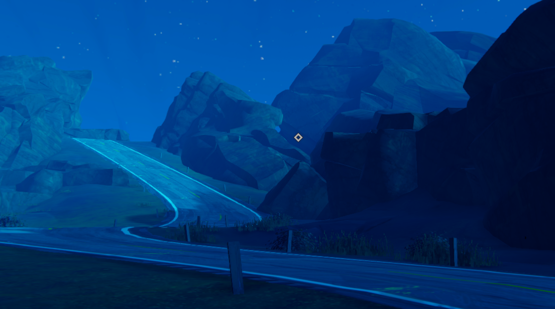 A winding road through rocky terrain under a starry blue night sky.