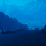A blue-toned landscape featuring a winding path, mountains, and a distant bridge.