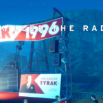 A stage set up for a political event in the video game Road 96, featuring a banner with "VIDEO KILLED THE RADIO STAR" and a depiction of President Tyrak.
