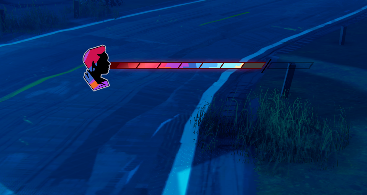 Iconic character silhouette with progress bar against a dark, blue-toned road backdrop.