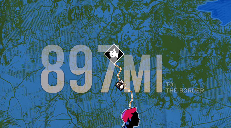 Map screenshot from the game Road 96, showing a distance of 897 miles to the border.