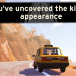 Screenshot from the game Road 96 featuring a yellow taxi driving along a winding road, with an overlay text stating, "You've uncovered the killer's appearance."