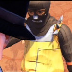 Close-up of two characters from Road 96: one wears a hat and smokes, while the other, in a yellow outfit, appears threatening.