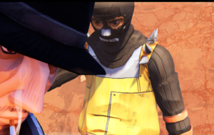 Close-up of two characters from Road 96: one wears a hat and smokes, while the other, in a yellow outfit, appears threatening.