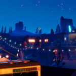 Nighttime scene in Road 96 featuring illuminated buildings, string lights, and rocky mountains in the background.