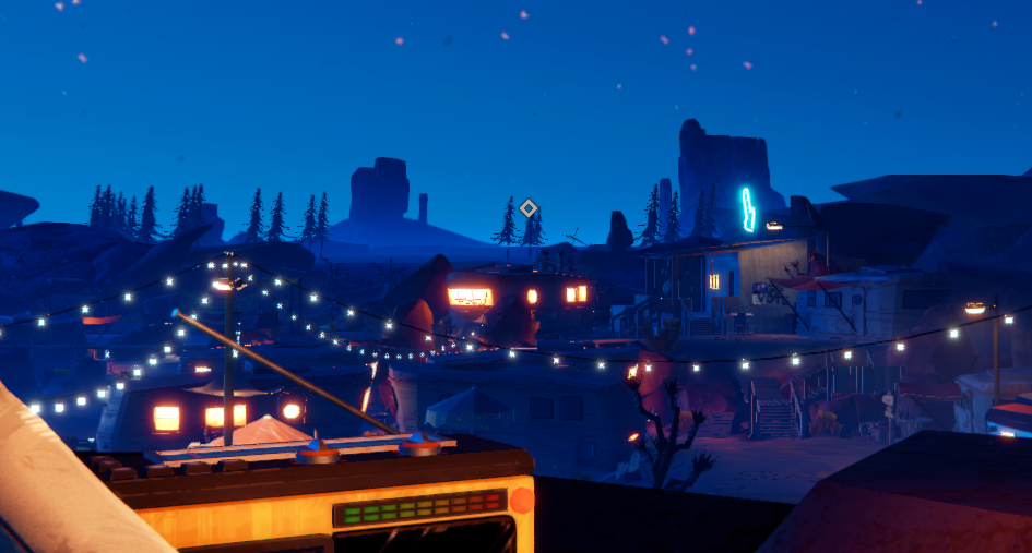 Nighttime scene in Road 96 featuring illuminated buildings, string lights, and rocky mountains in the background.